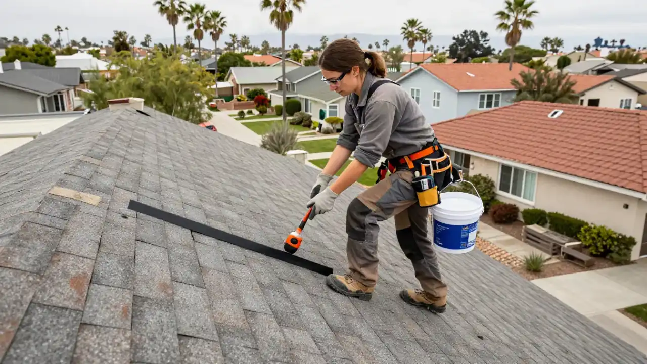 Roof Leak Repair in Whittier, California: roofer, viewed from above, carefully walking on a sloped asphalt shingle roof