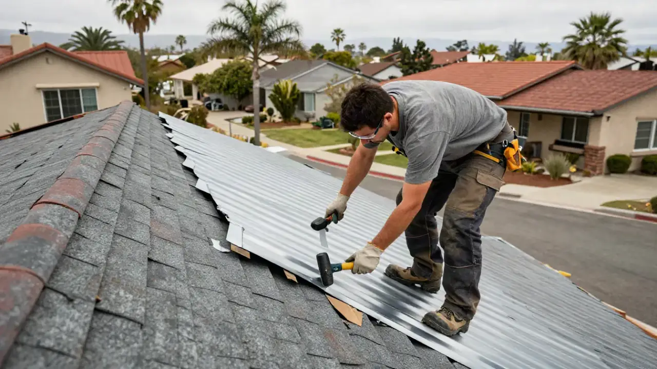 Flashing Repair in Whittier, California: roofer bending and shaping a new piece of pre-cut metal flashing with hand snips