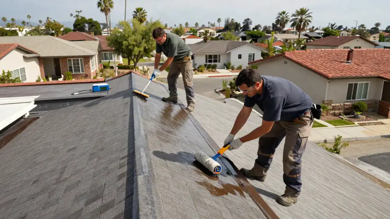 Roof Leak Repair in Whittier, California: Two roofers working collaboratively on a flat commercial roof, one applying a