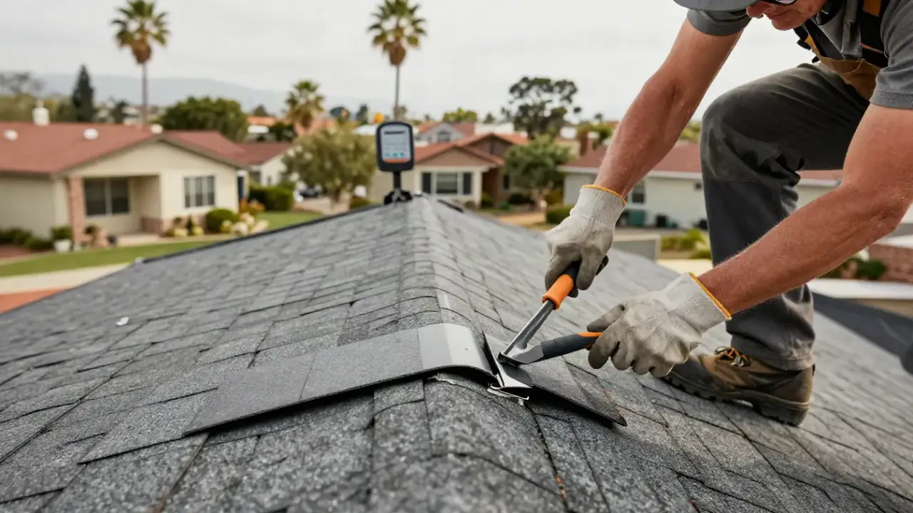 Roof Leak Repair in Whittier, California: close-up of a roofer's gloved hands using a small pry bar to gently lift a section