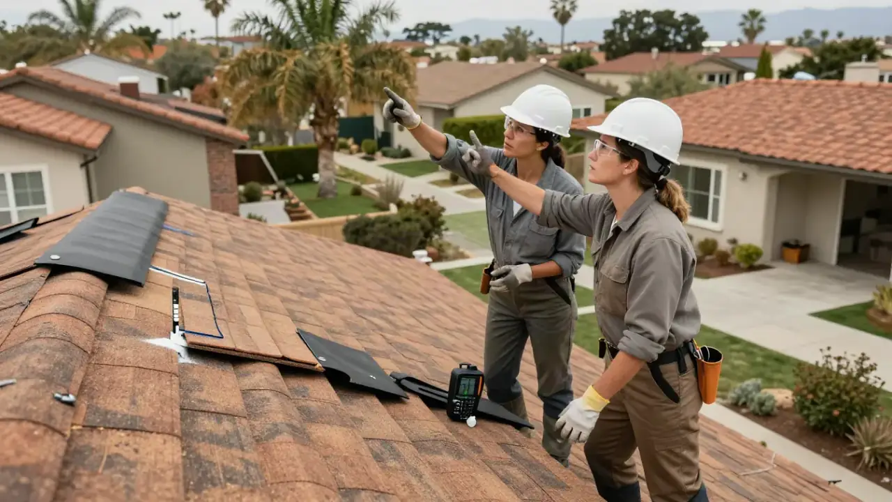 Roof Leak Repair in Whittier, California: roofer consulting with a homeowner in their backyard, pointing up towards a