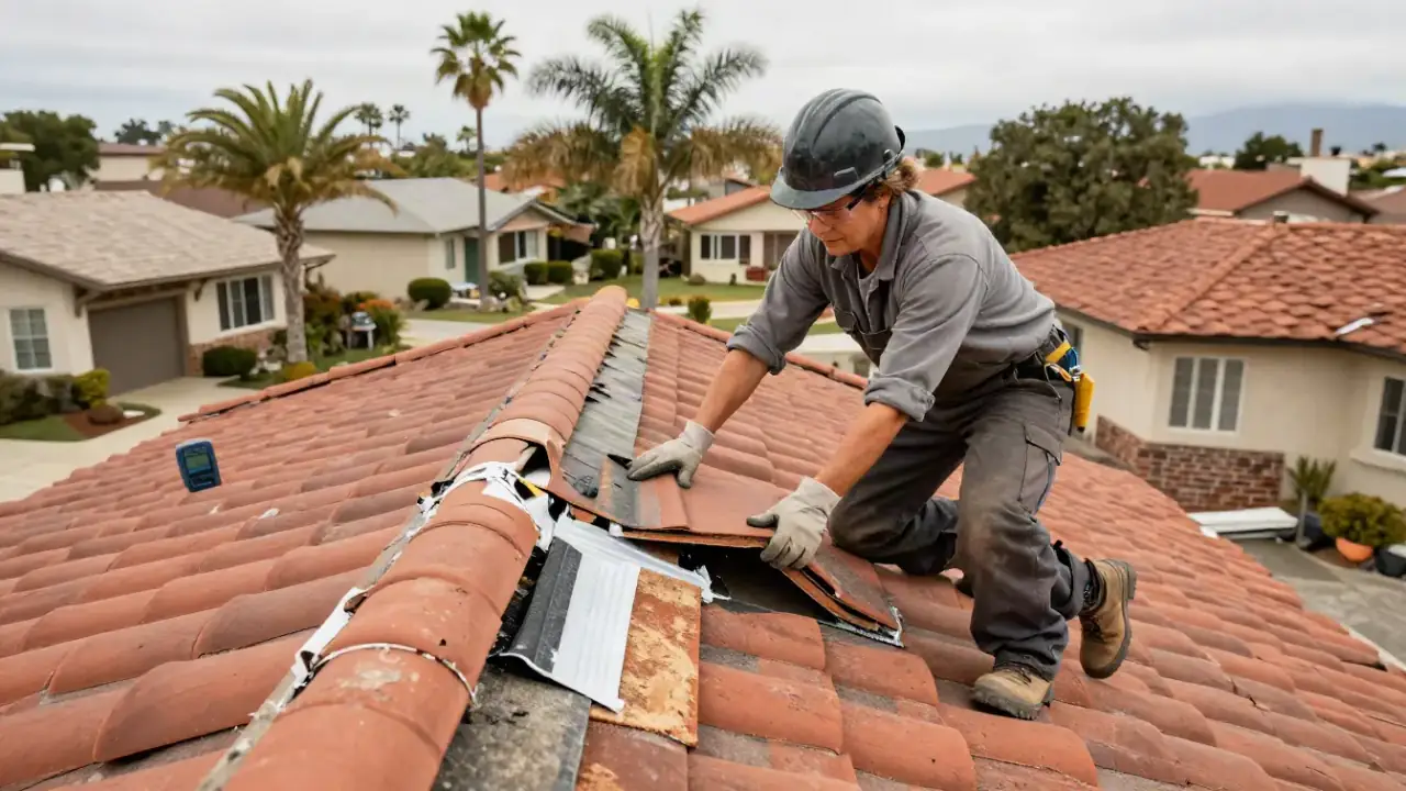 Tile Roof Repair in Whittier, California: roofer lifting an adjacent tile to expose and repair a compromised underlayment