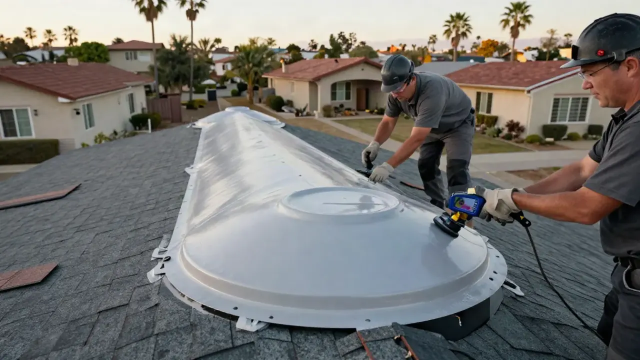 Roof Leak Repair in Whittier, California: detailed shot of a perfectly sealed and coated roof vent boot, showing the smooth