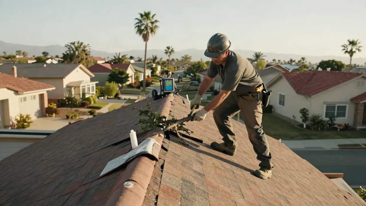 Roof Leaks After Storm Damage in Whittier, California: roofer carefully removing a tree branch that has punctured the roof