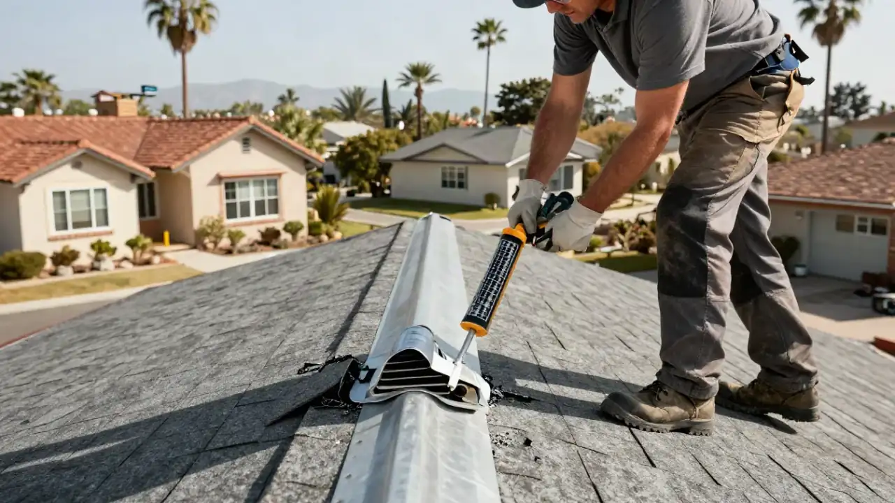 Vent and Pipe Boot Leak Repair in Whittier, California: roofer using a caulk gun to apply sealant around the base of a metal